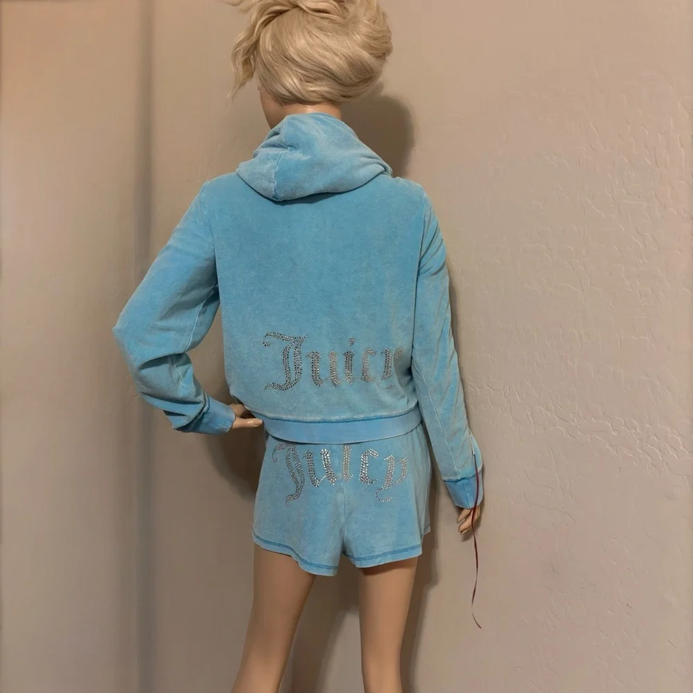 JUICY COUTURE Big Bling Terry Track Suit Jacket and Shorts in Wave Size XL NEW - Picture 7 of 17